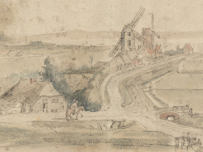 Drawing of a country road with desolate looking houses and a windmill missing a blade.