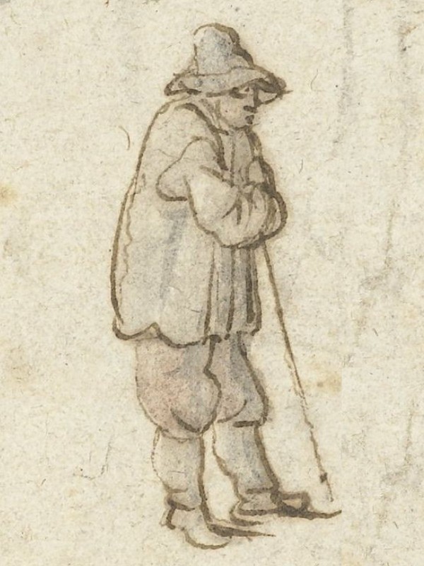 Drawing of a man leaning on a staff.