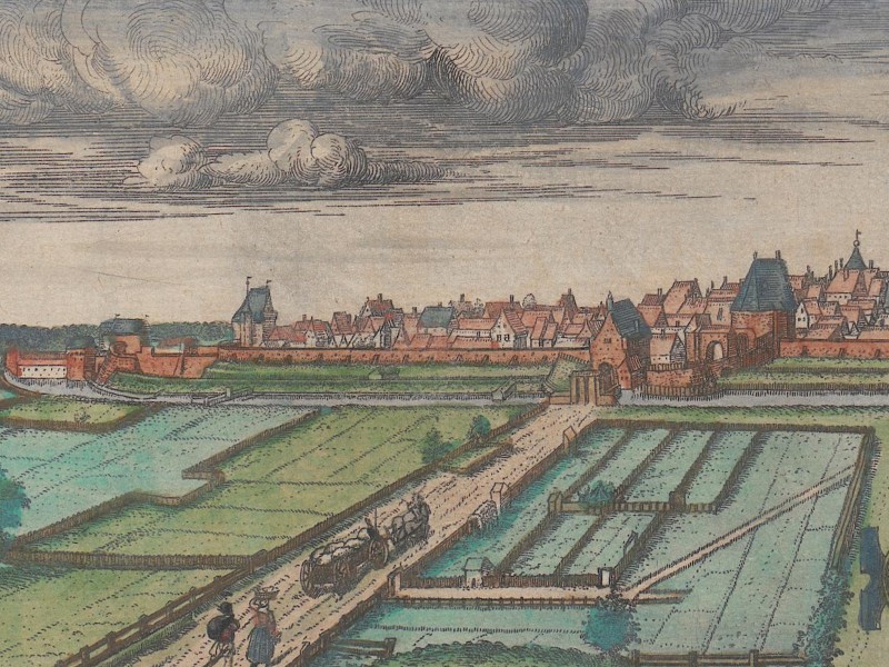 Profile view of Münster showing its skyline and identifying some buildings by name.