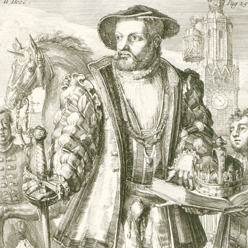 Print of Johan van Leiden with the tower of St. Lambert’s Church and a cage hanging from it in the background.