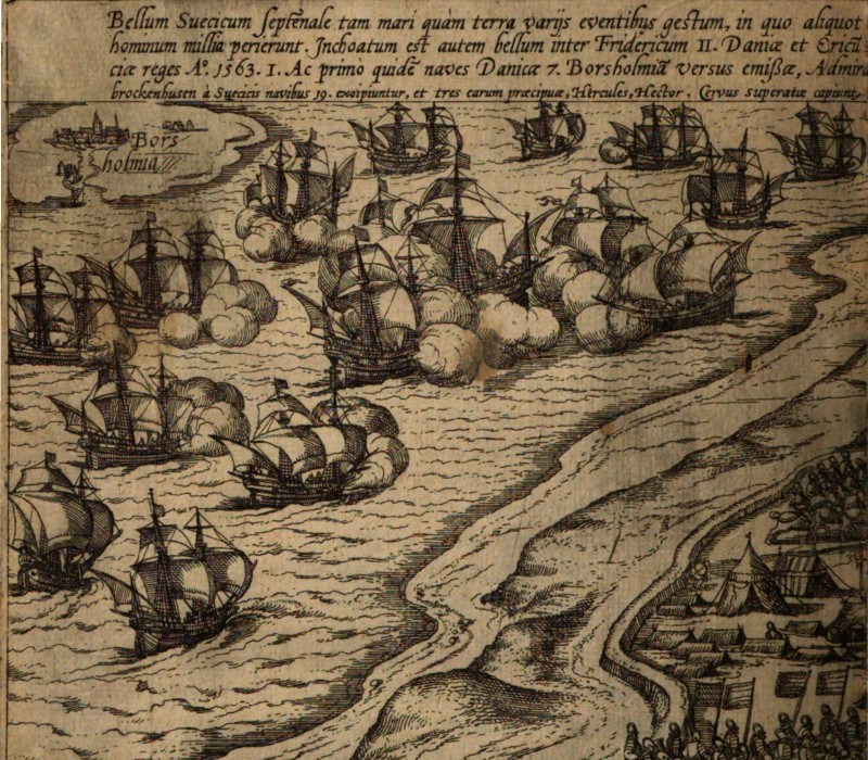 Print depicting a battle scene with Danish and Swedish ships engaging in combat near the island of Bornholm.