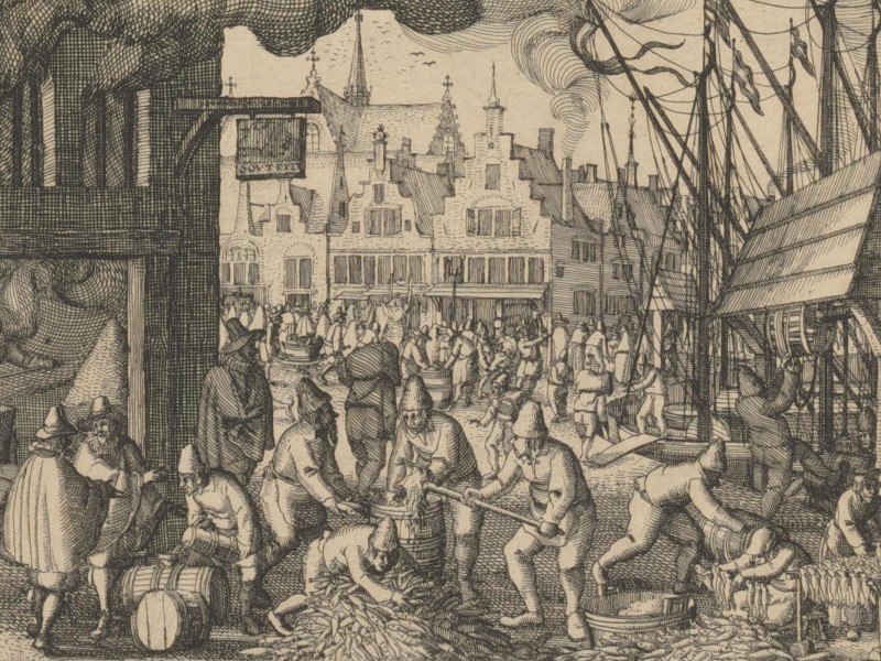 Print showing workers packing herring into barrels for transport, with two merchants on the left watching the process.