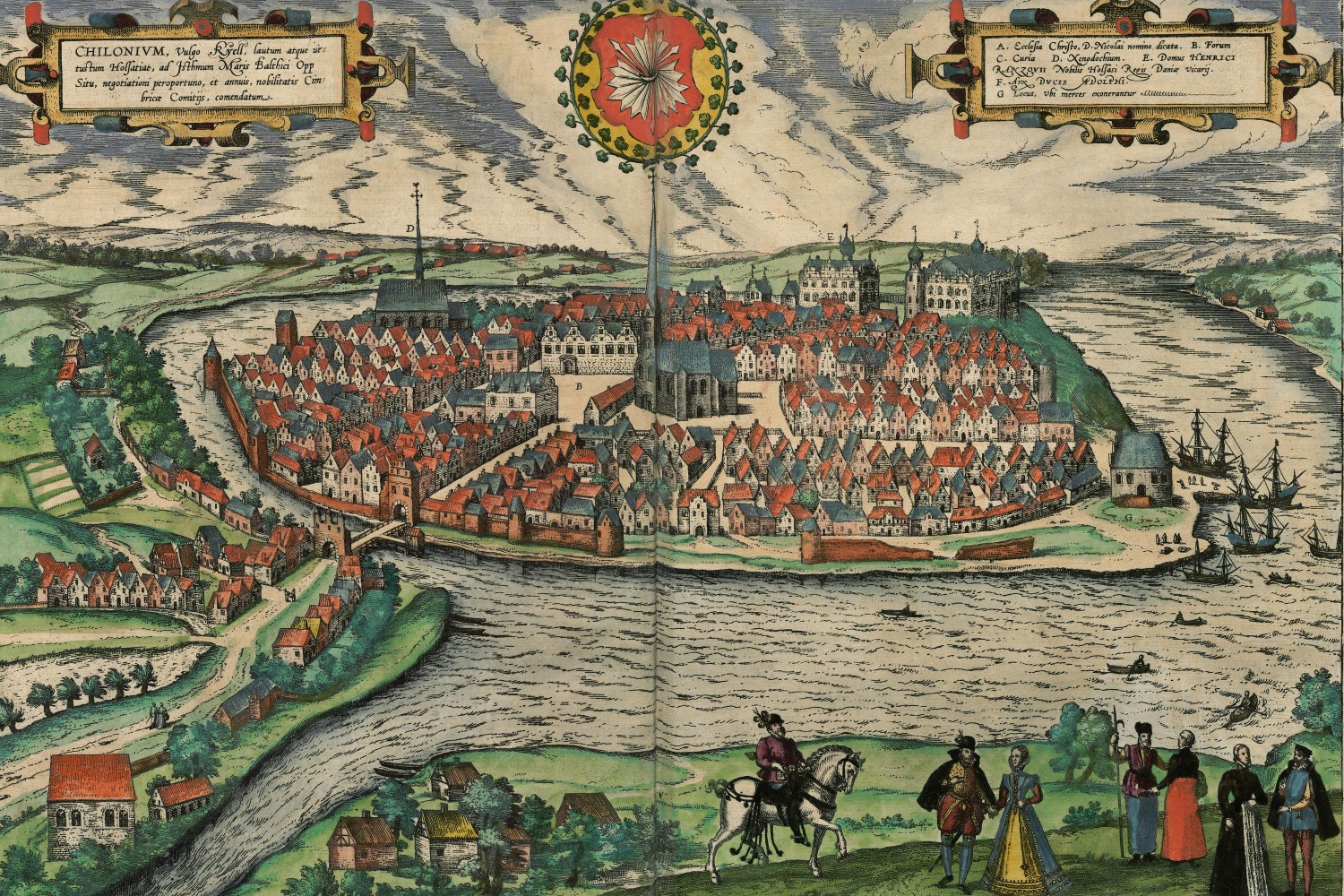 Bird’s-eye view of Kiel with the Kieler Förde on the right side. The city appears quite small, featuring a large church at its centre and the ducal palace in the background.