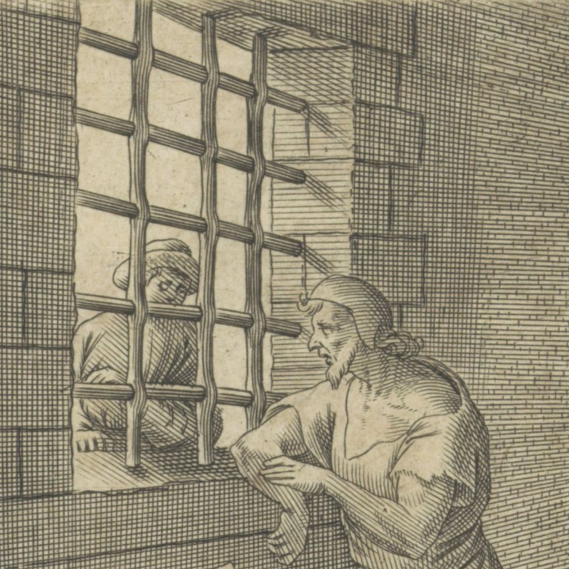 Print of an imprisoned man speaking to another man through the bars.