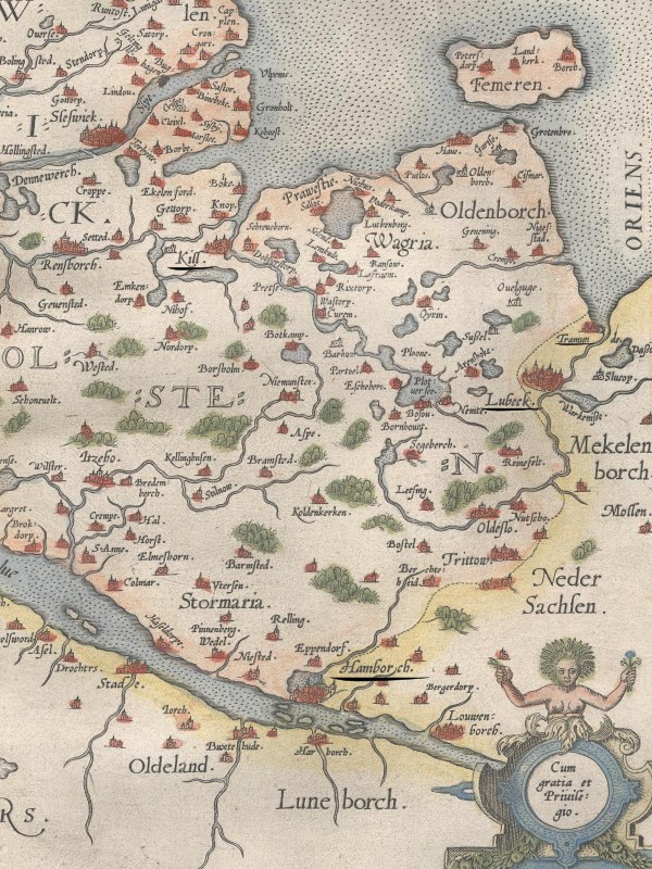 Sixteenth-century map of Holstein highlighting Hamburg, Lübeck, Travemünde and Kiel.