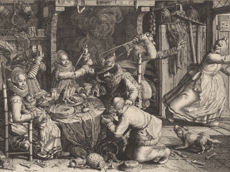Print of three noblemen and two women at a table feasting. Two of the men have their weapons drawn and are about to attack the servants. 