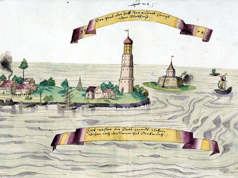 Drawing of Travemünde showing the settlement on the left, the lighthouse in the centre, and the wooden fortification on an island on the right side.