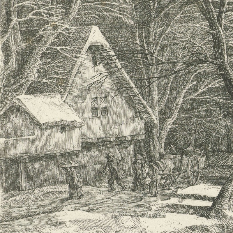 Travellers walking through deep snow