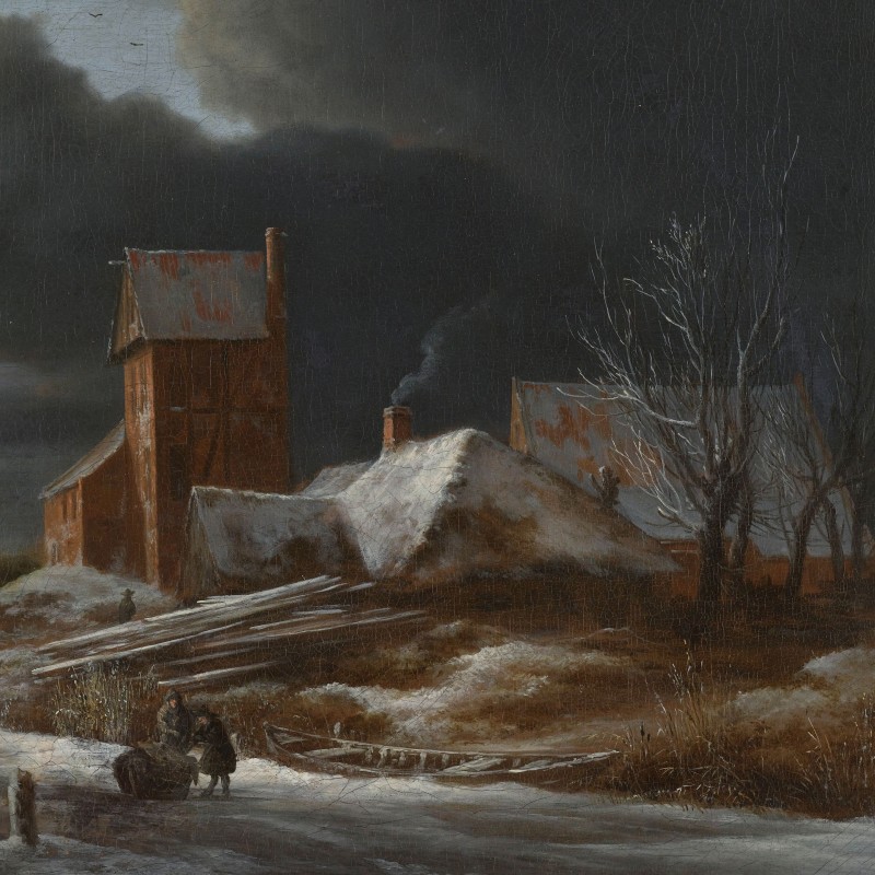 Snow-covered houses in the fading light