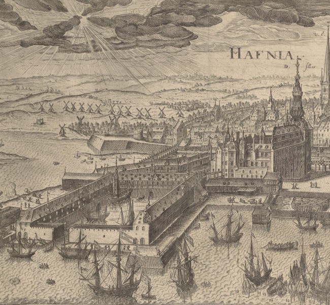 View of Copenhagen with the harbour and many ships in the foreground, and the fortified city with the palace and many churches in the background.