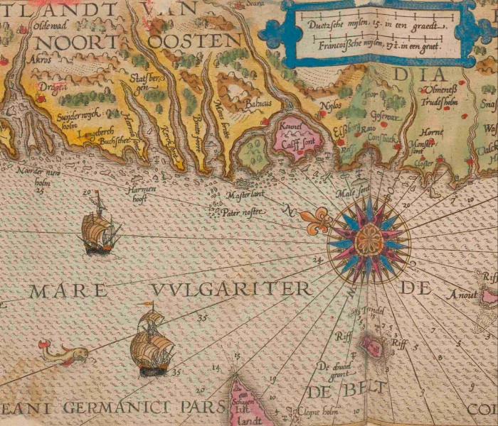Sixteenth-century naval chart of the Øresund from the west, depicting shipping lanes and underwater hazards.