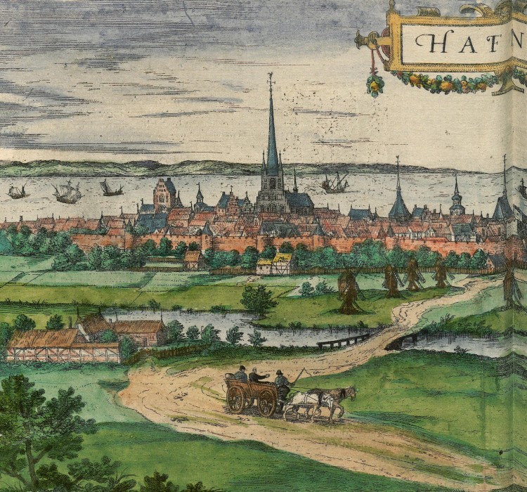 View of Copenhagen from the land with the Church of Our Lady and the Royal Palace dominating the city’s skyline.