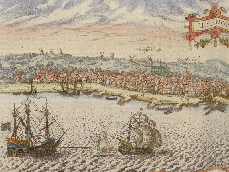 View of Helsingør with the Sound in the foreground, Kronborg Castle to the right and the town on the left side.