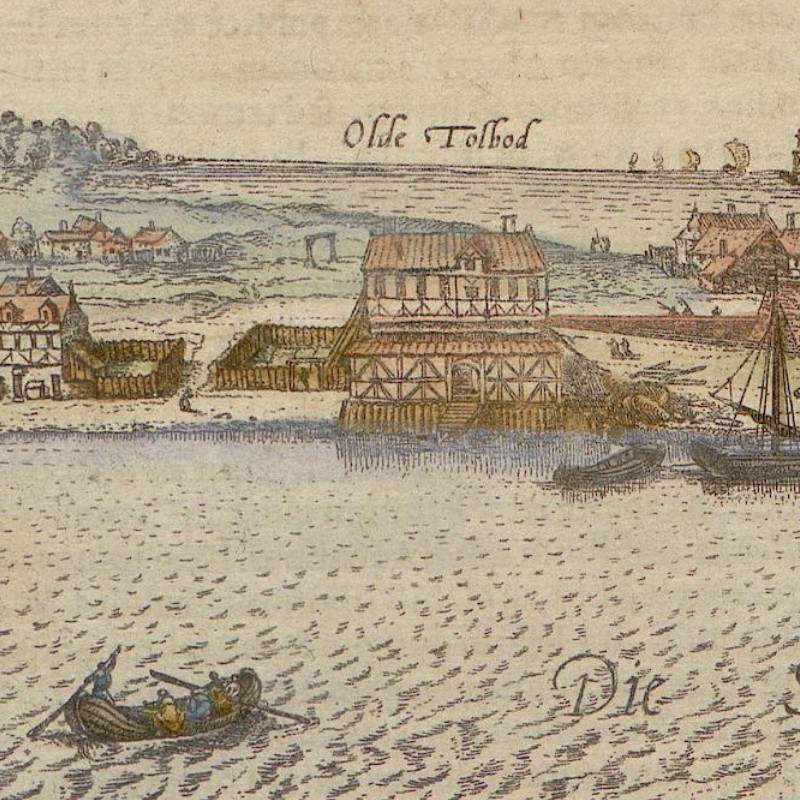 Enlarged section of the view of Helsingør focusing on the toll house.