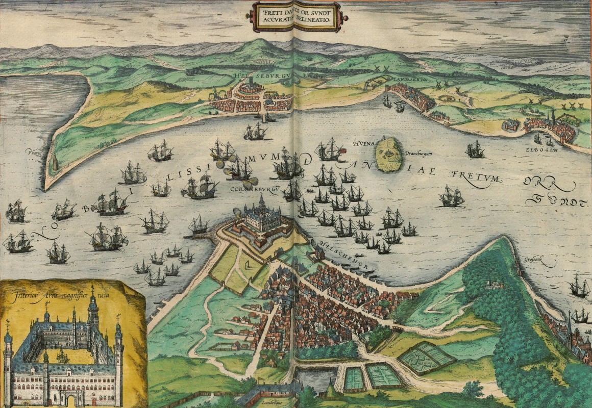 Bird’s-eye view of the Øresund from the west with Kronborg Castle dominating the ship-filled Sound.