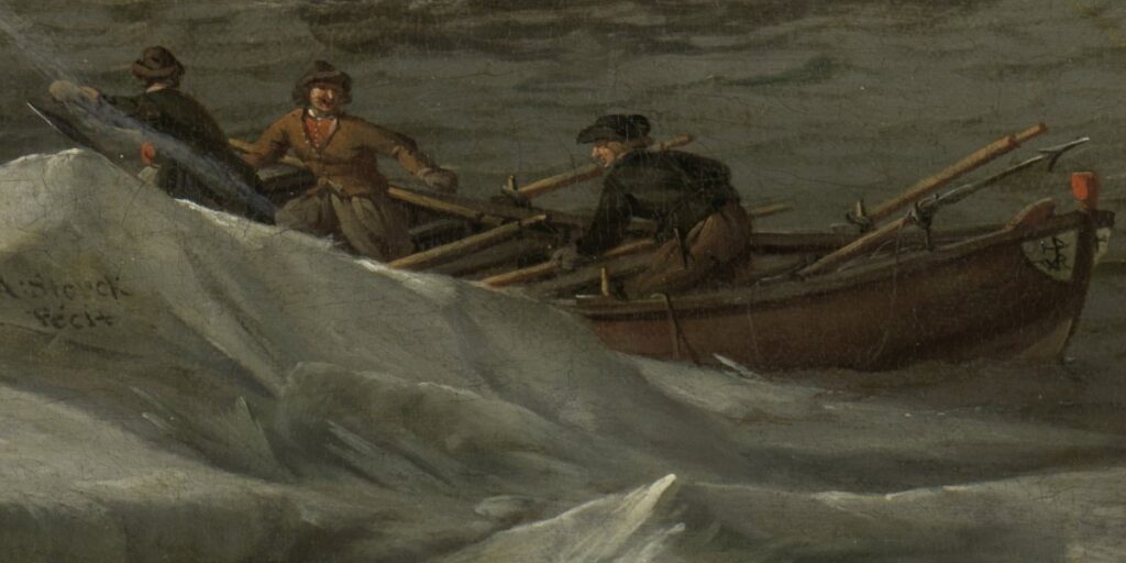 Painting of a rowing boat with three men on the frozen sea, avoiding ice shoals.