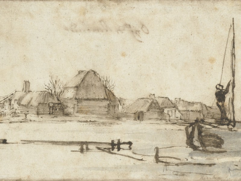 Drawing of a seaside village in winter, with the sea and a boat in the foreground and the houses in the background.