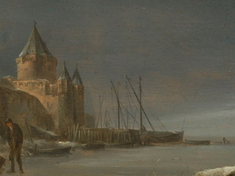 Painting of a city gate and harbour in winter with boats frozen in the ice.