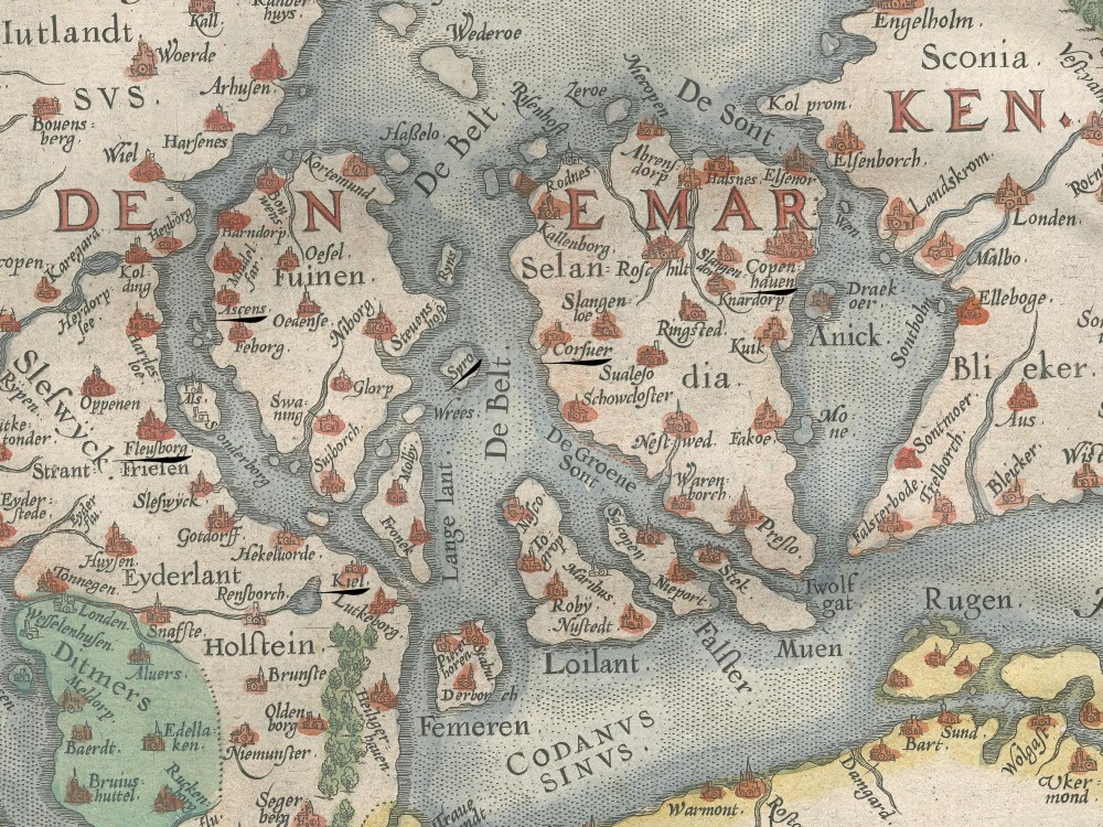Sixteenth-century map of Denmark showing the locations mentioned in Kiechel’s journal.