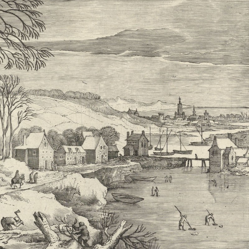 Print of a winter landscape with a frozen lake and some houses in the foreground, and a town on the horizon.