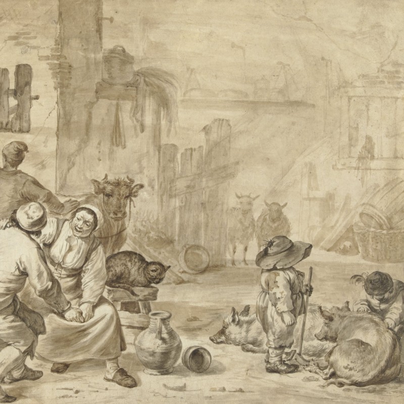 Drawing of the interior of a house with people and animals living together.