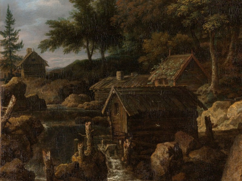 A painting of a rural Swedish landscape featuring three wooden houses.