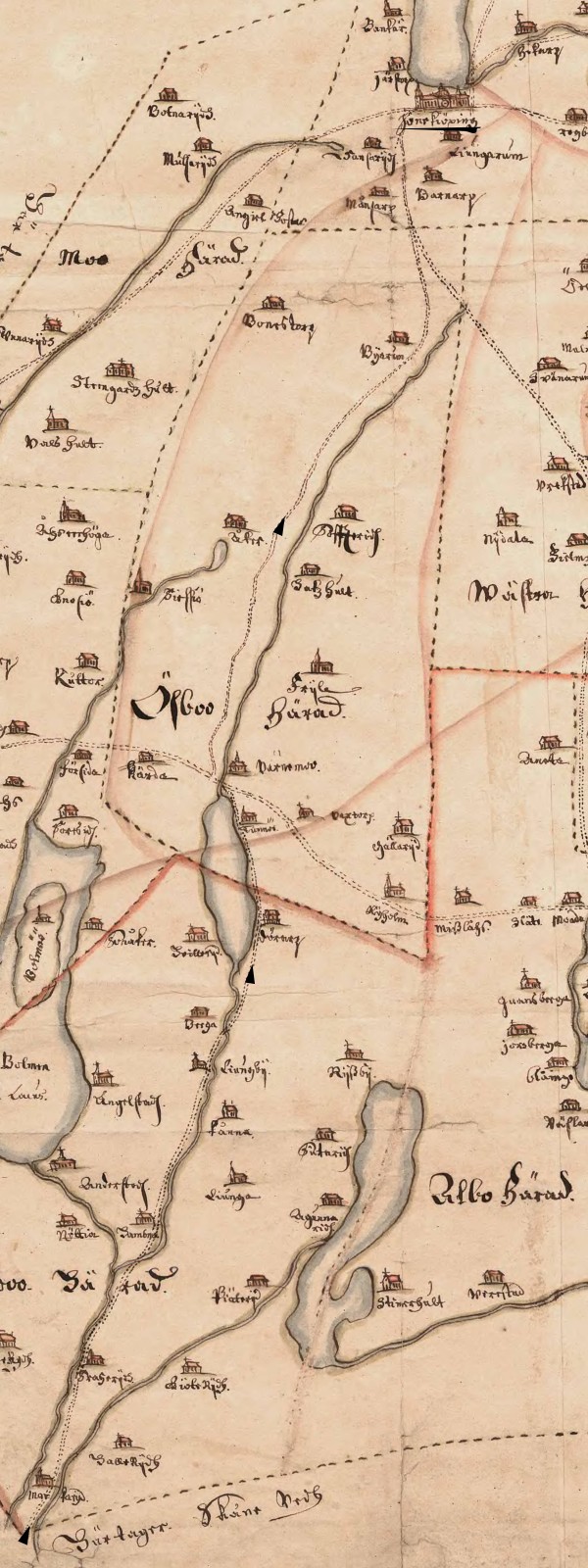 Hand-drawn map of Småland with likely route Samuel Kiechel took from the Danish border to Jönköping.