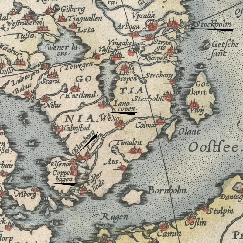 Map of Sweden and Denmark from around 1570 showing Samuel Kiechel’s main stops on the route from Copenhagen to Stockholm.