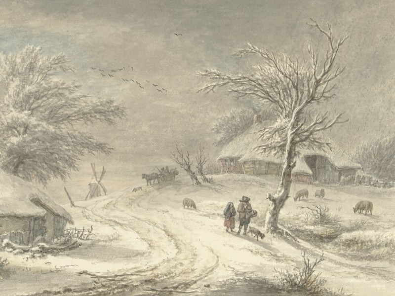 Drawing of a winter landscape with a farmhouse and a horse-drawn sledge.
