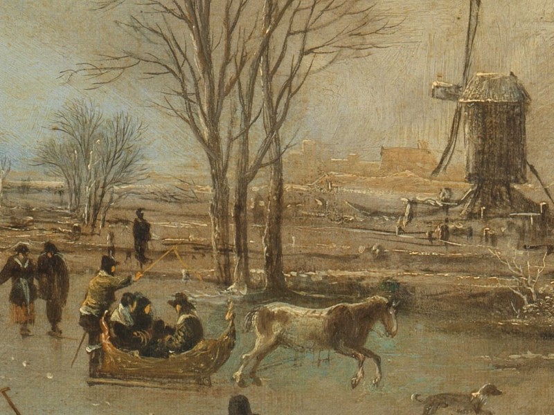 Painting of a horse-drawn sledge with passengers driving quickly across the ice.