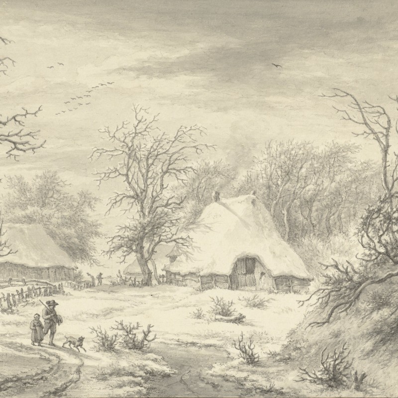 Drawing of a snowy landscape with a farmhouse.