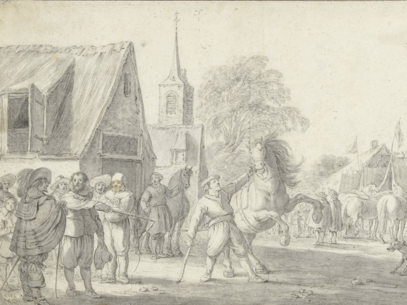 Drawing of a man showing a horse at a horse market to potential buyers. 