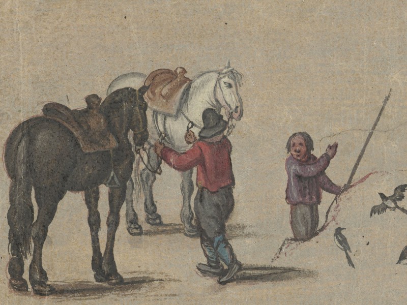 Drawing of a man holding two horses by their bridles, with a young boy standing nearby.