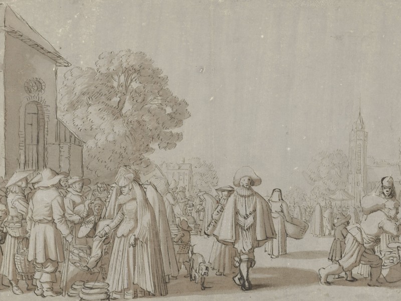Drawing of a market scene with a well-dressed man at the centre visiting the market.