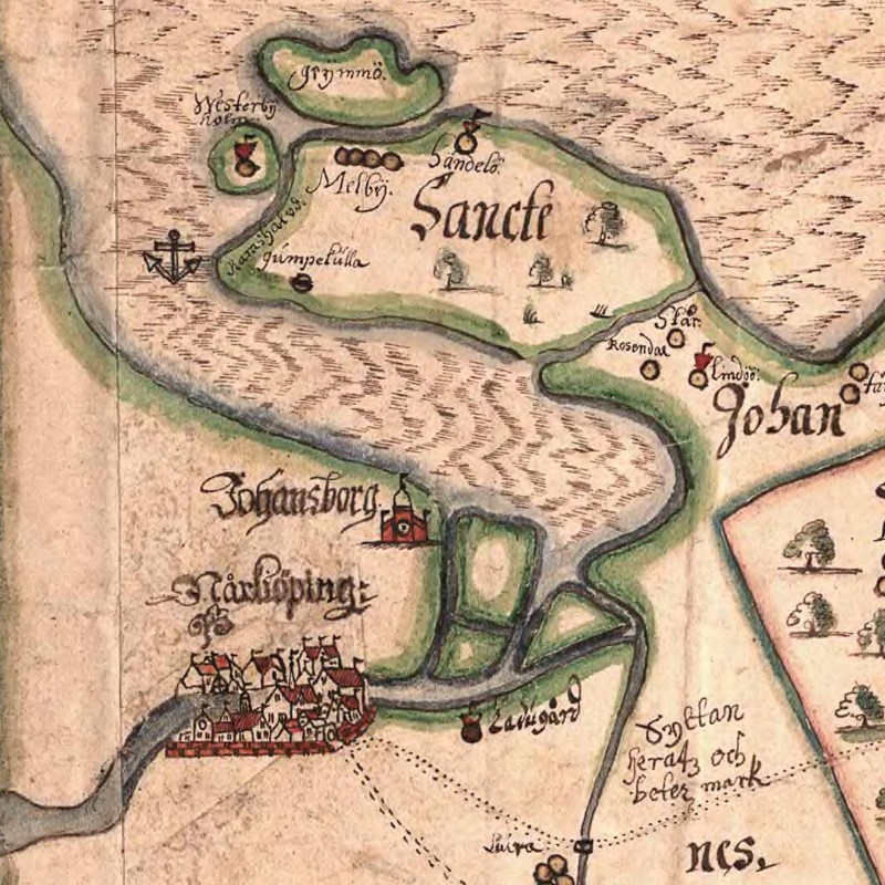 Norrköping on a hand-drawn map of Östergötland from 1635.