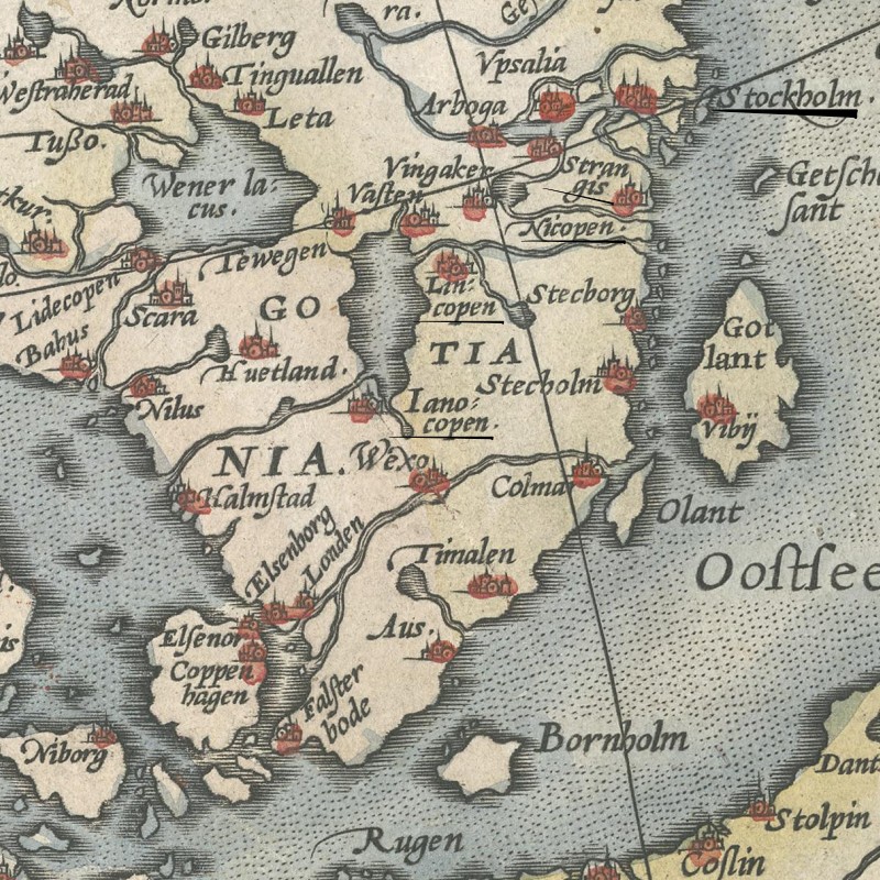 Map of Sweden from around 1570 showing Samuel Kiechel’s main stops on the route from Jönköping to Stockholm.