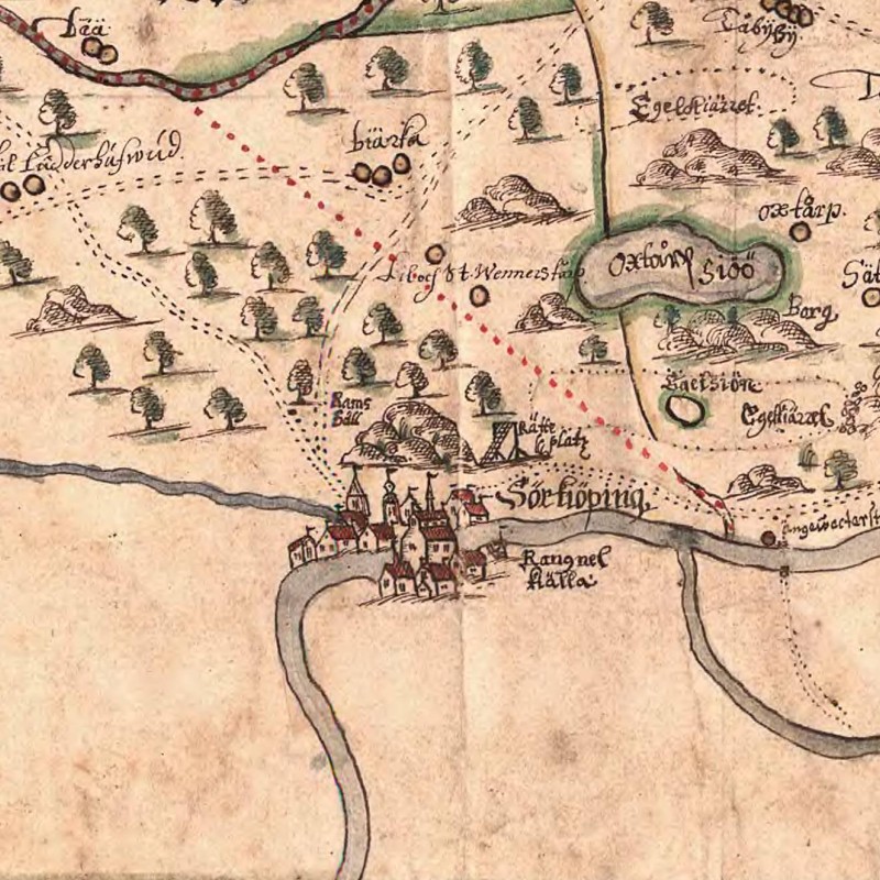 Söderköping on a hand-drawn map of Östergötland from 1635.