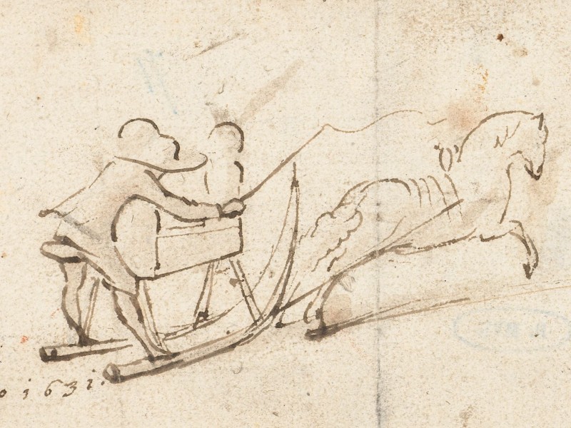Sketch of a horse-drawn sledge moving at high speed.